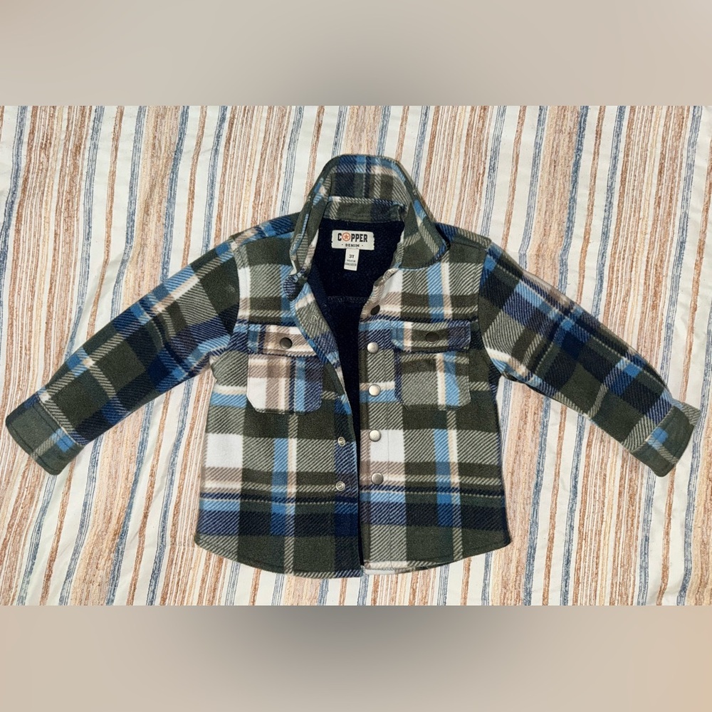 Toddlers Plaid Sherpa Fleece Button Up - Green and Blue